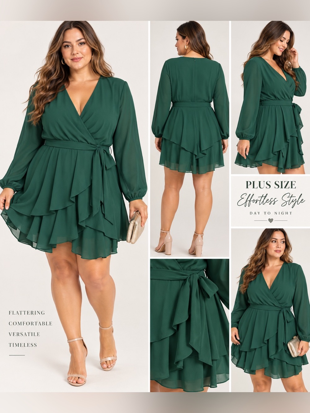 Plus Size 2XL Emerald Green Wrap Ruffle Long Sleeve Mini Dress